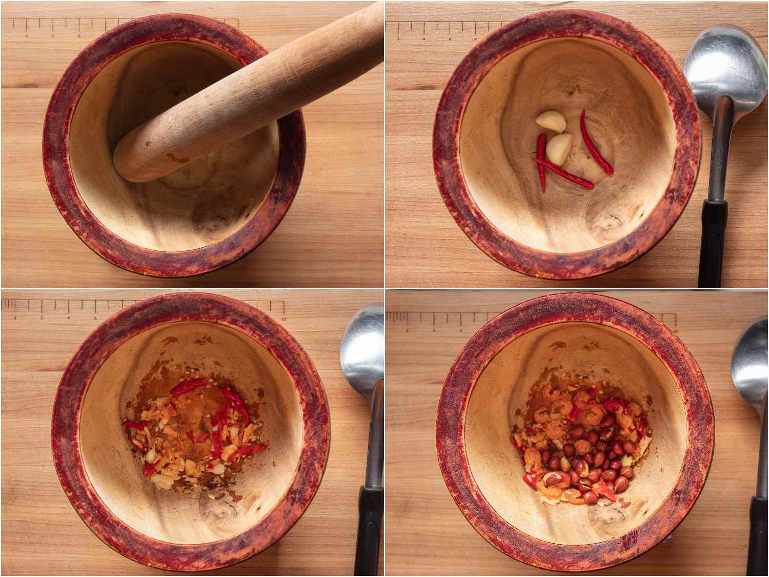 把辣椒、大蒜、虾干和花生放在木臼和杵里捣碎。