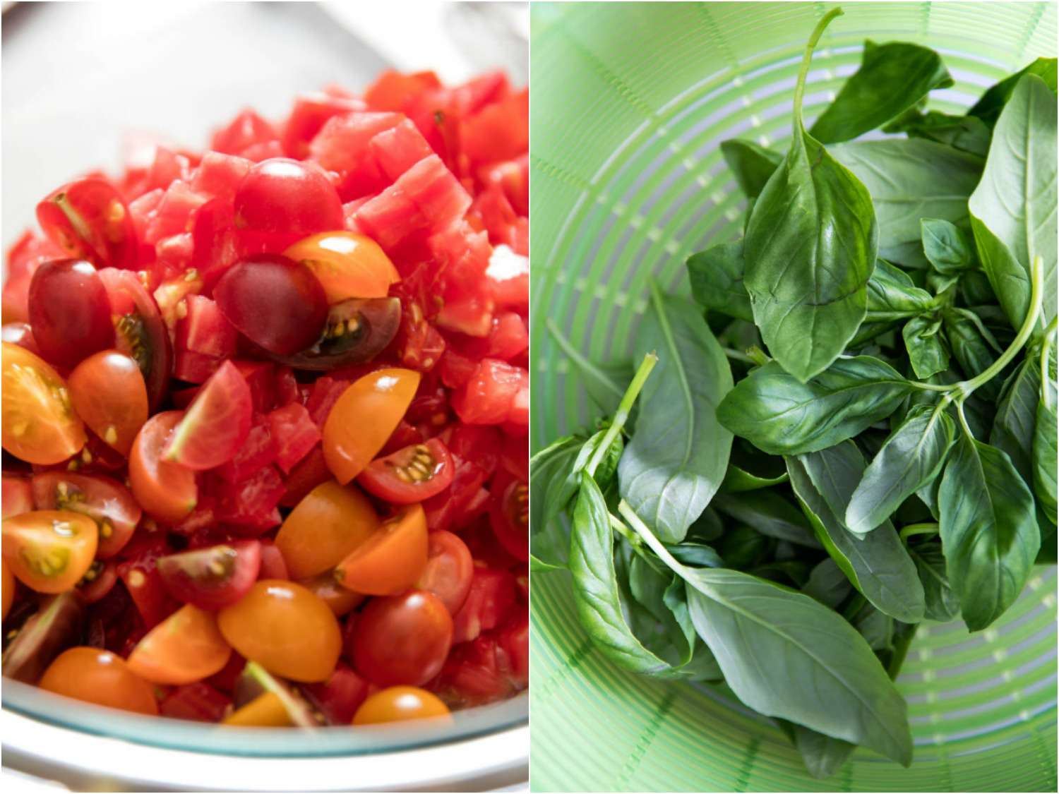 A collage of chopped tomatoes and basil in a salad spinner.