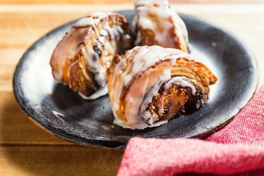 Three rugelach made with nutella, brown butter, and peanuts