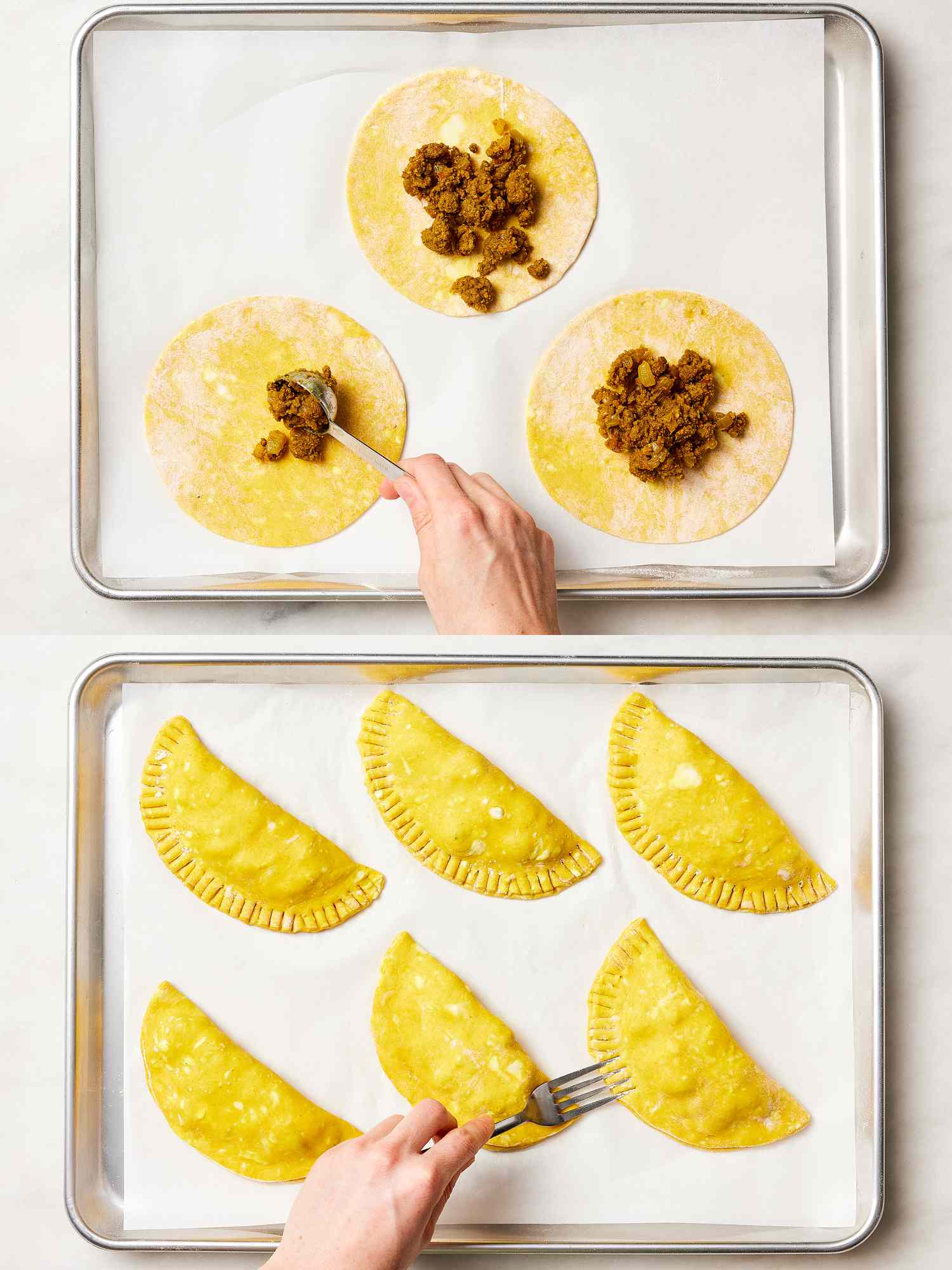 Two image collage of placing meat into flattened dough circles and then pinching dough around meat to form patties