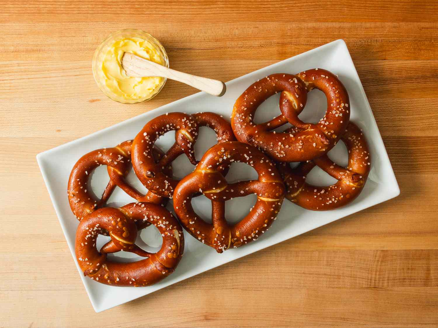 Overhead view of pretzels on a plate