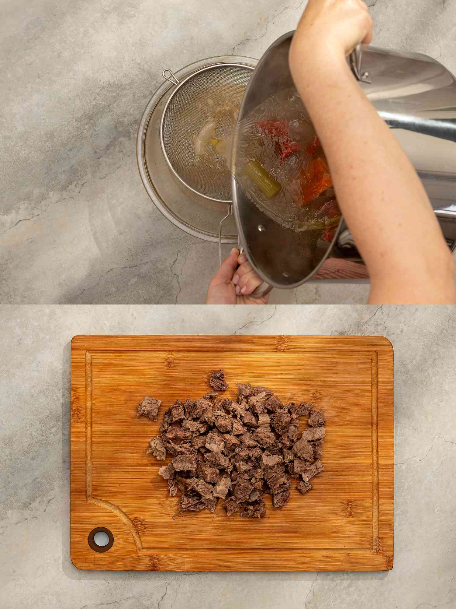 Two image collage of straining broth and meat cut up on a cutting board