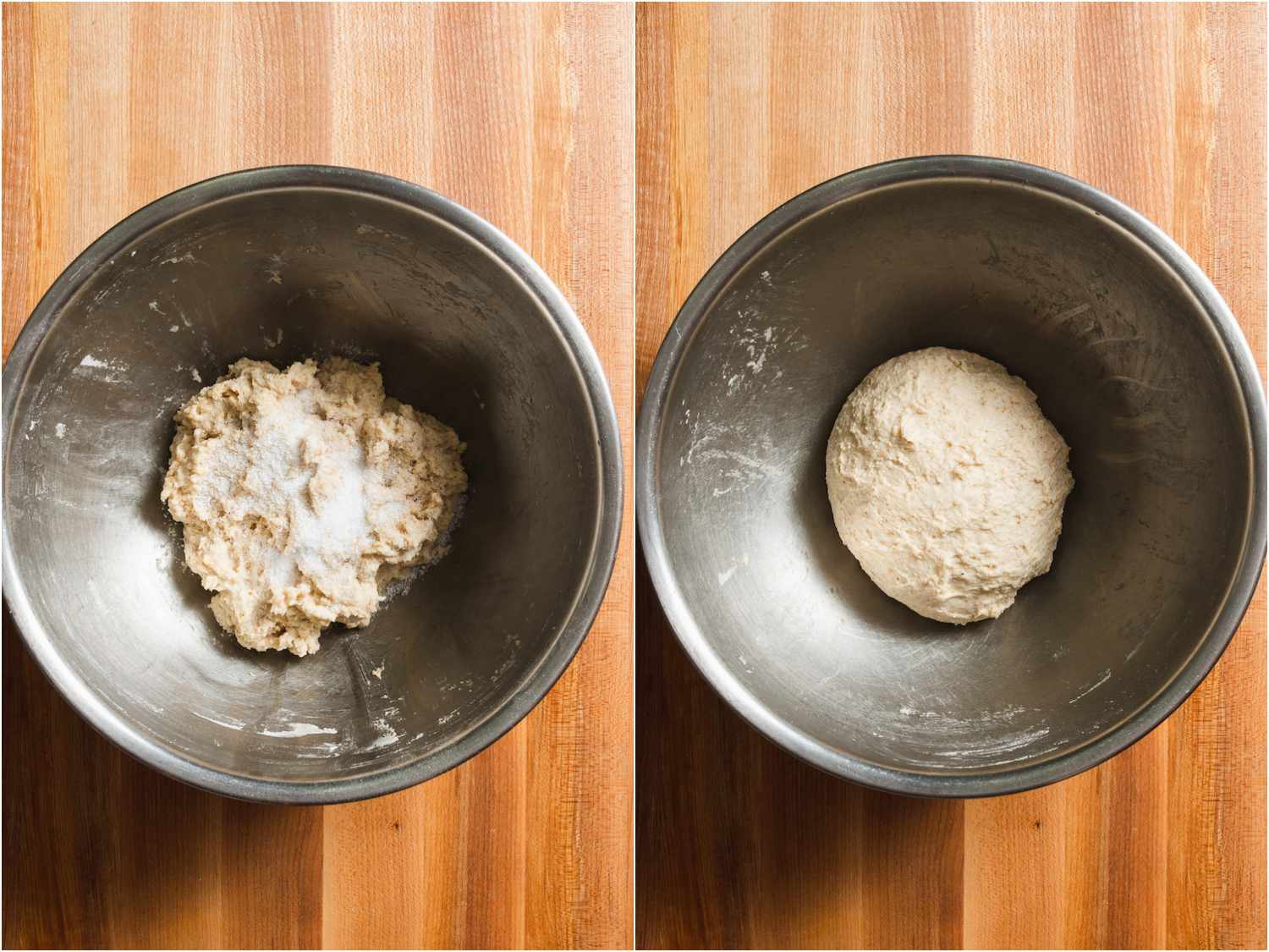 在面团中加入盐，在碗中揉搓，直到完全吸收。