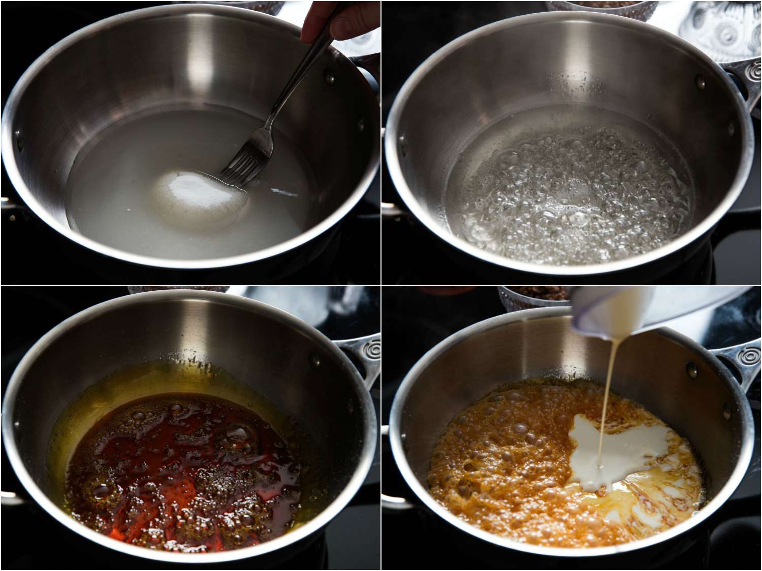 Collage depicting stages of making caramel: mixing sugar in water with a fork, letting the mixture boil until it reaches the color of clover honey and adding cream.