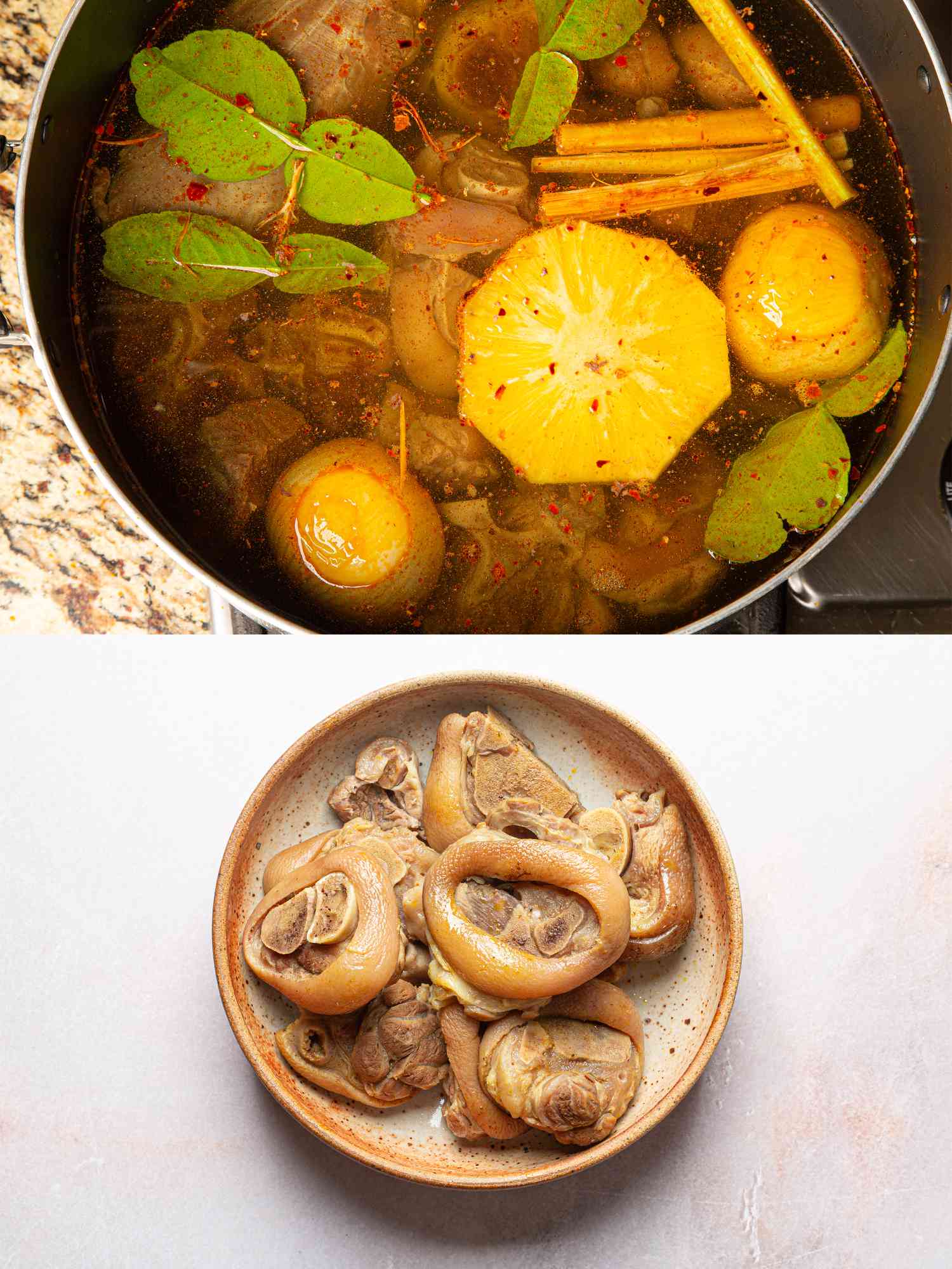 Two image collage of ingredients and meat in a pot and meat removed from pot and added to a bowl to cool.