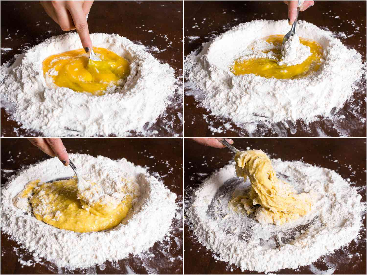 拼贴意大利面制作过程:用叉子搅拌鸡蛋，搅拌面粉到鸡蛋中形成面团