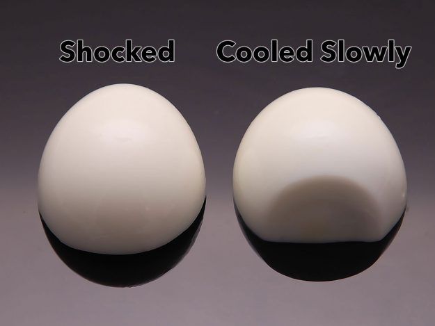 Comparison of boiled egg that was shocked after cooking and one that was not.