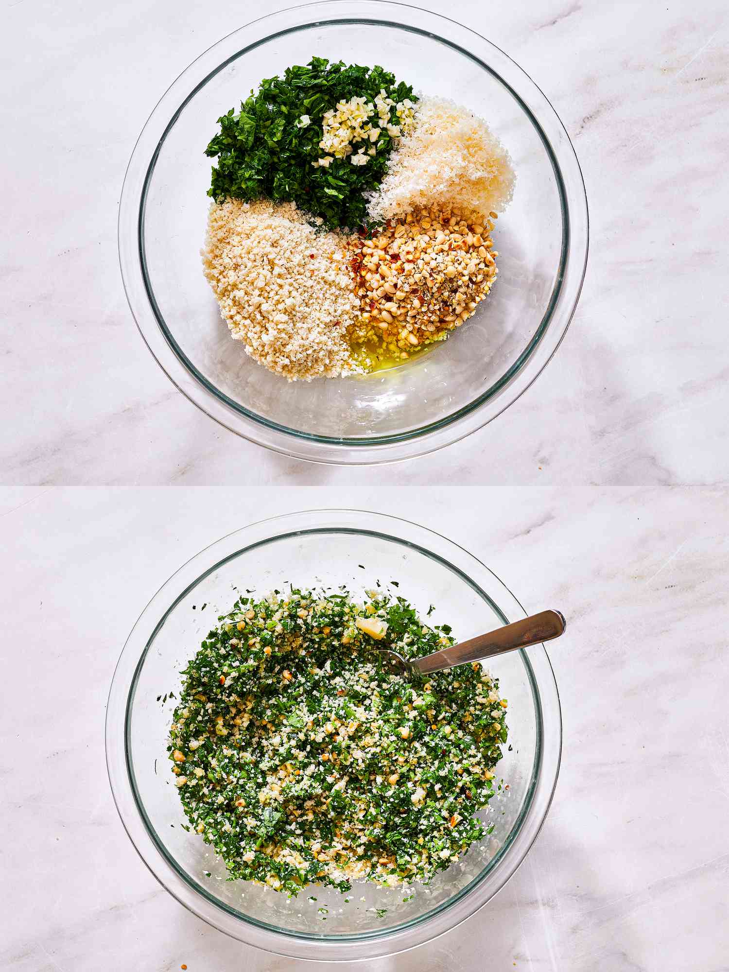 Two image collage of filling before and after being mixed in a bowl