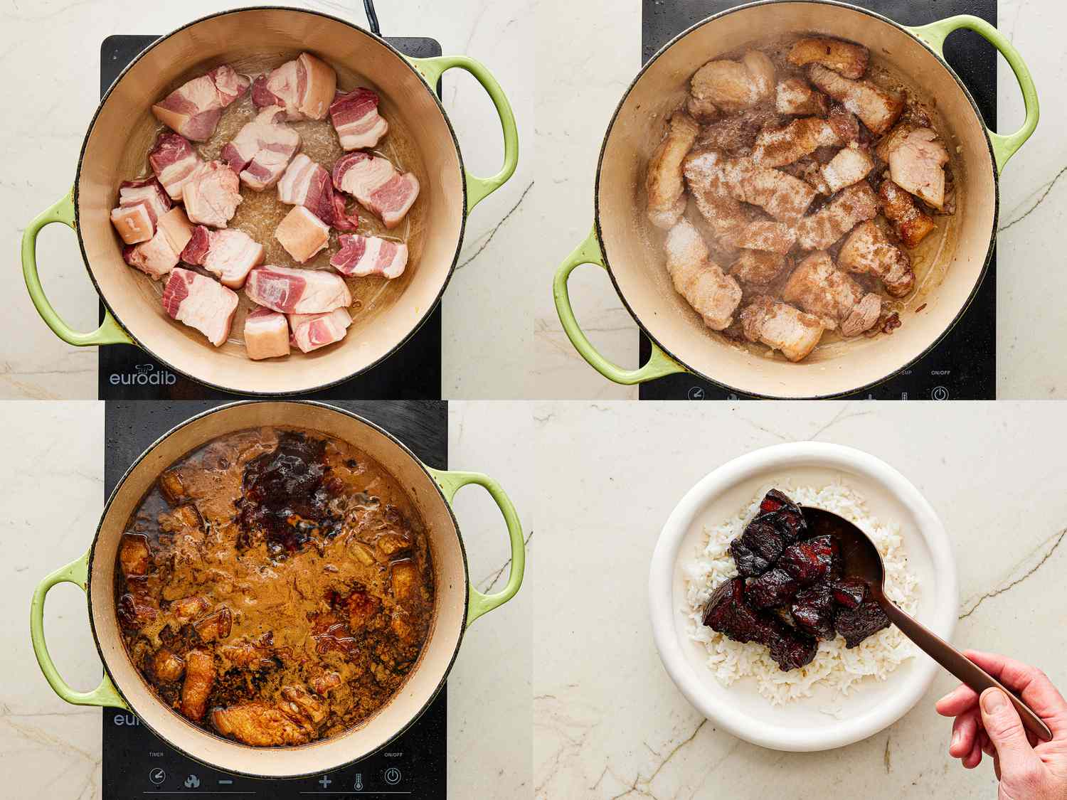 Four image collage of braising meat and placing on rice