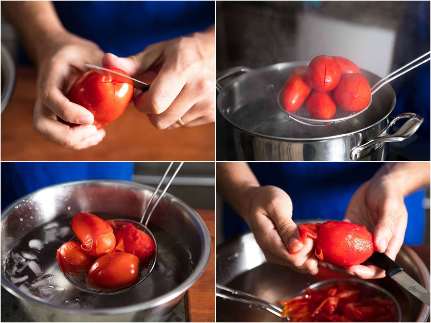Collage of peeling tomatoes: scoring tomato ends, lowering tomatoes into hot water with a spider, removing blanched tomatoes, peeling off skin