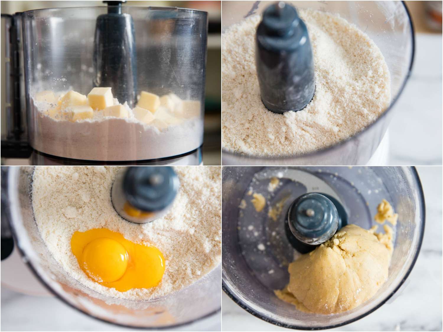 在食品加工机中混合的干料、黄油华体会应用下载和蛋黄拼贴画。