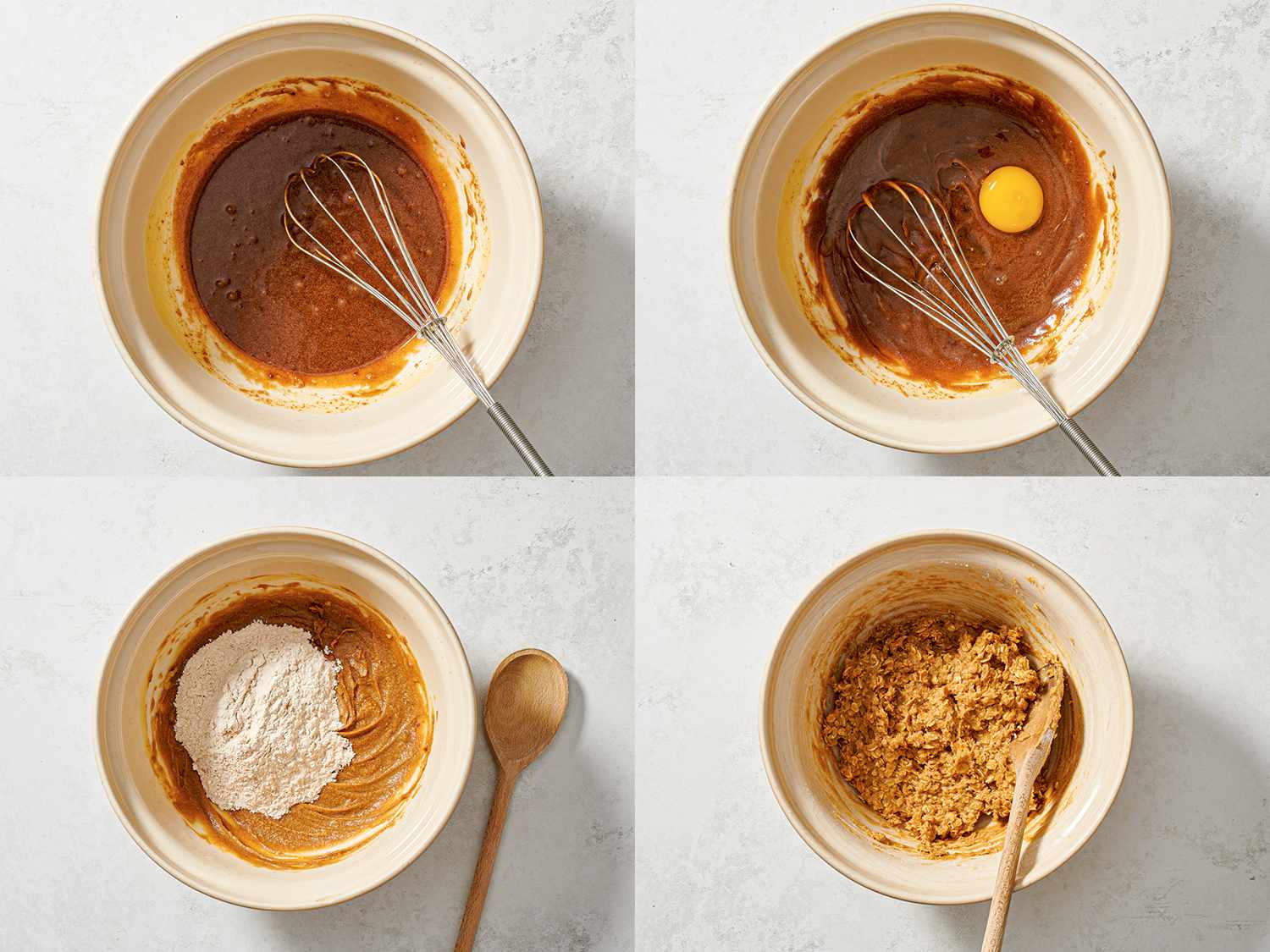 四幅图片的拼贴画。左上角的图片显示了融化的黄油、红糖、枫糖浆和香草在一个大碗里搅拌在一起。右上方的图片显示了一个鸡蛋加入到碗里的混合物中。左下角的图像显示了现在添加在充分混合的湿性成分上的干性成分。华体会应用下载右下角的图片显示了干的成分，湿的成分，燕麦充分混合。华体会应用下载