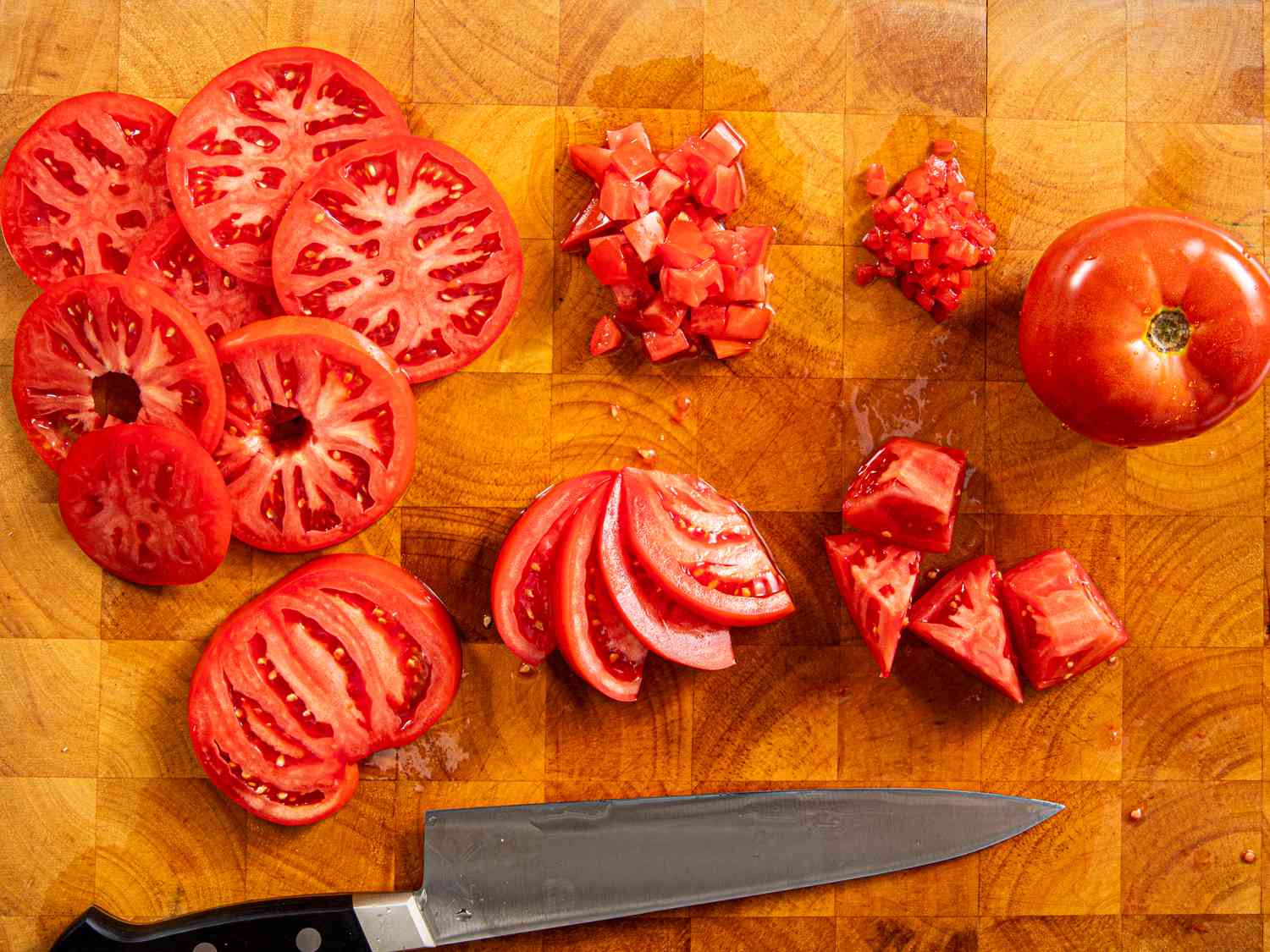 Overhead view of cut up tomatoes