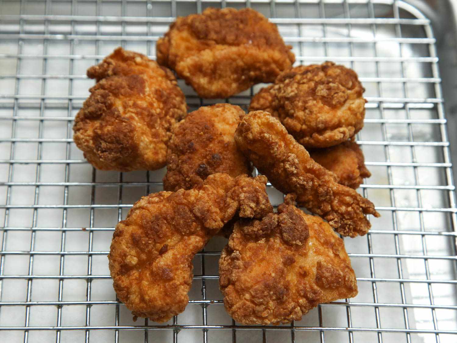 Breaded and fried boneless thighs coated like chicken nuggets.