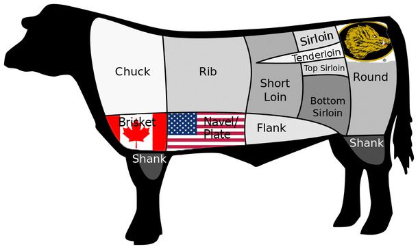 图表显示了牛肉的不同部位。