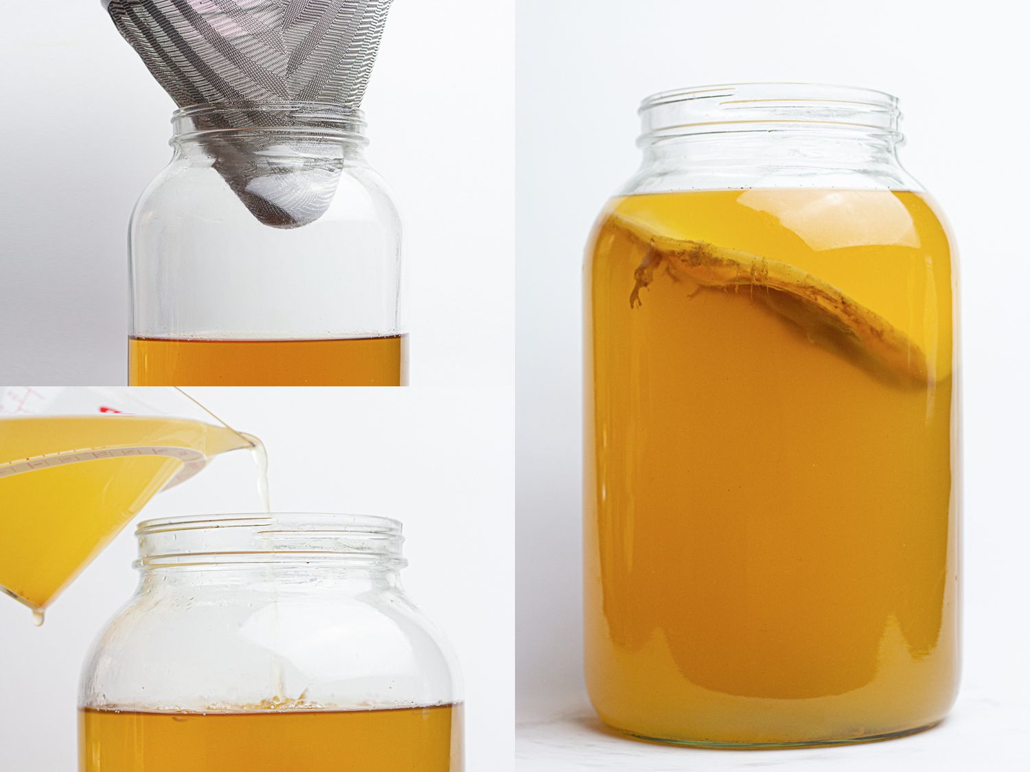 Three image collage of straining into jar, pouring kombucha mixture into jar, and jar with scoby floating in it.