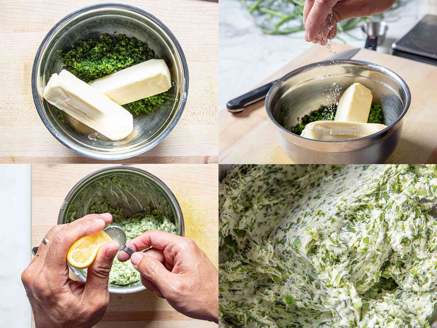 Four Image Collage. Top Left: Unmixed butter and minced garlic scapes in a metal bowl. Top Right: A hand seasoning the mixture with salt. Bottom left: Overhead view of a lemon being squeezed into mixture. Bottom right: a close up of compound butter