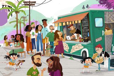 An illustration of a line of diverse adults and children lined up at a dumpling truck.