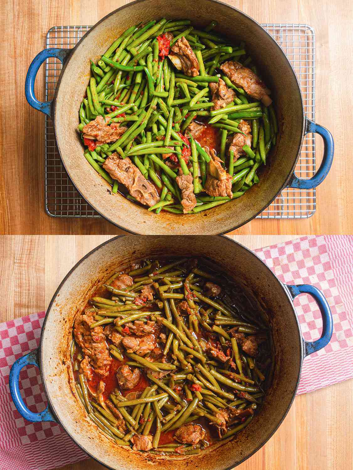 两个图像拼贴。上图:加入荷兰烤箱的青豆。下:荷兰烤箱烤熟的羊肉和四季豆