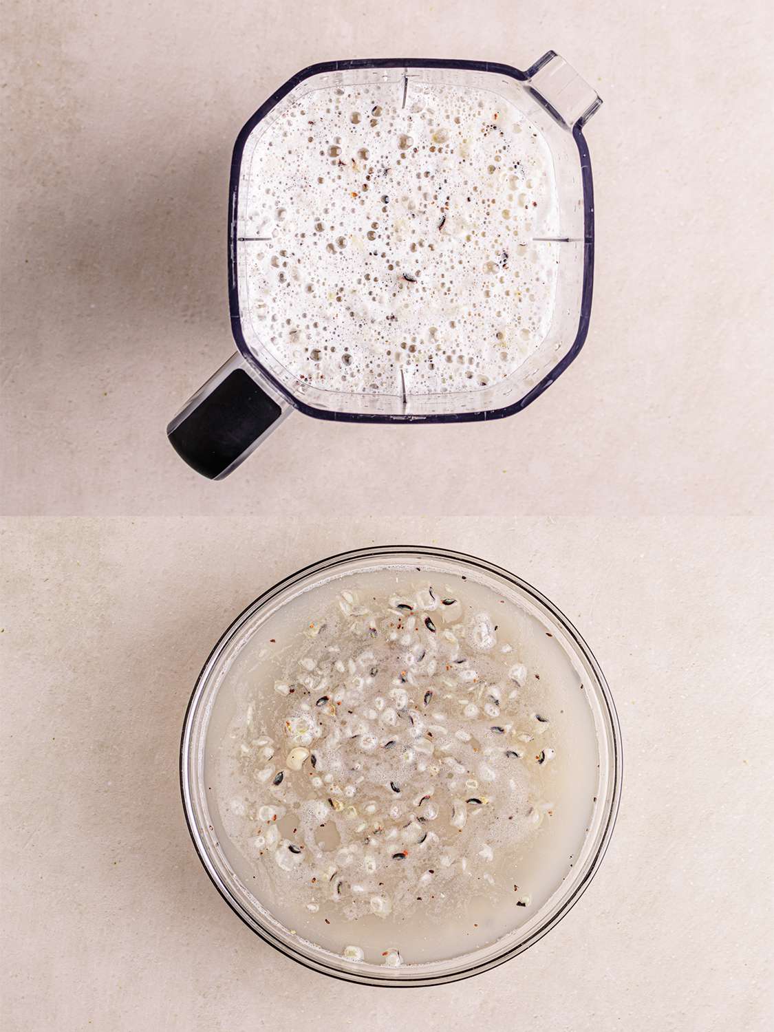 两个图像拼贴豌豆脉冲在一个搅拌器，然后豌豆皮去除