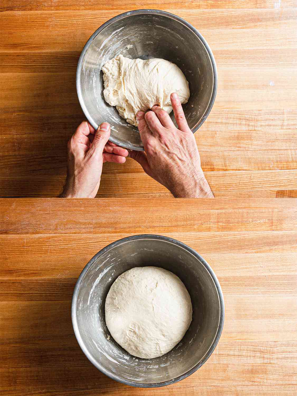 Two image collage of folding dough over and it rising in a metal bowl