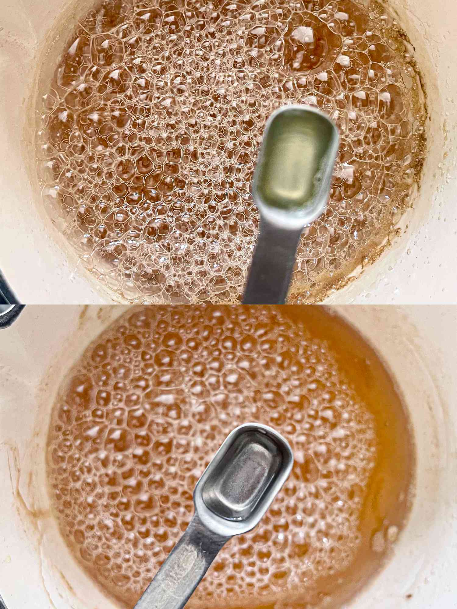 Two image collage of adding lemon juice and orange water to simple syrup