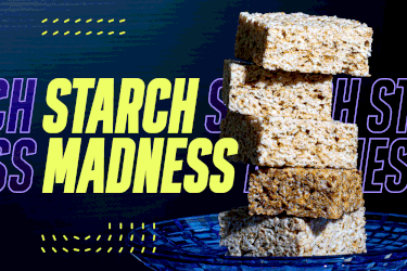 A stack of Rice Krispie Treats on a blue background with a spotlight swinging around creating a gif that says Starch Madness