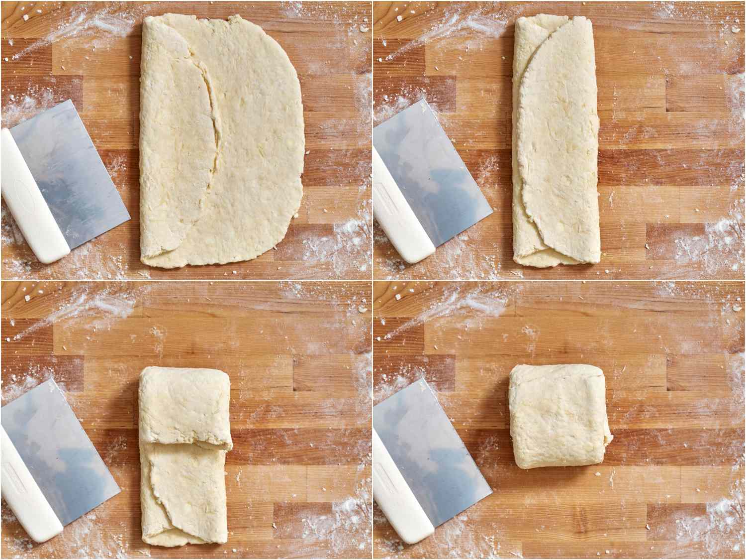 collage: dough has been rolled out into a rectangle with one third folded in; the other third folded in; top third folded down; bottom third folded up to form a small packet