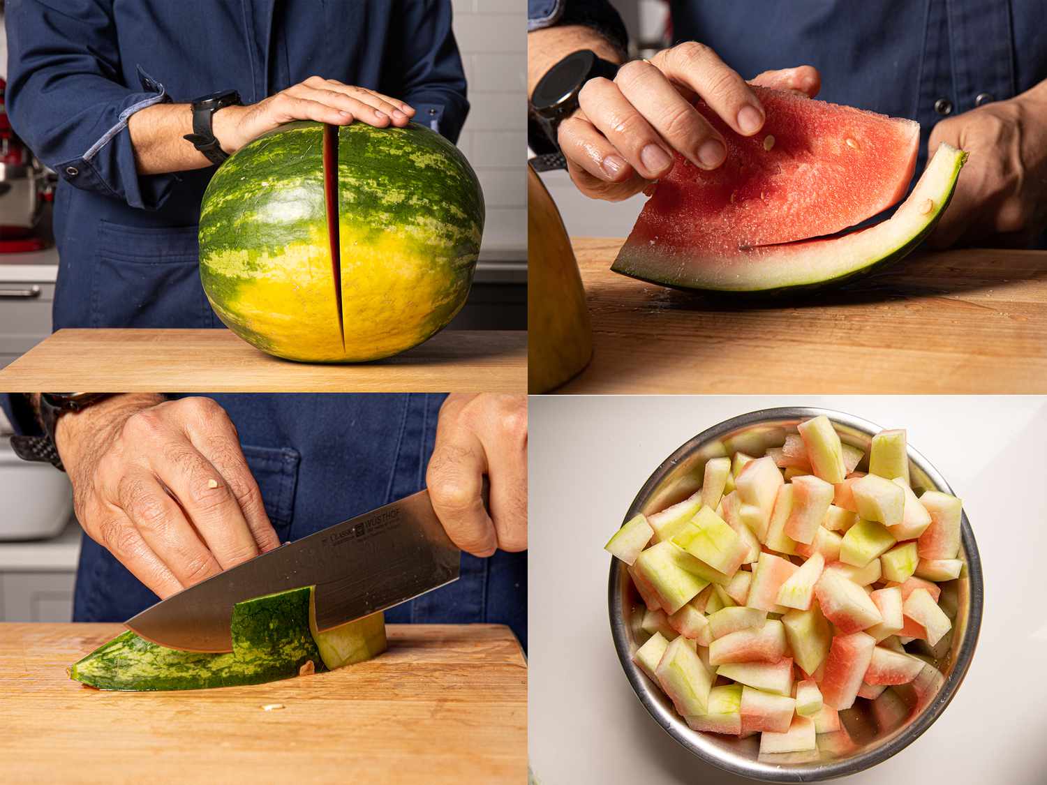 Four image collage showing how to prep watermelon rinds