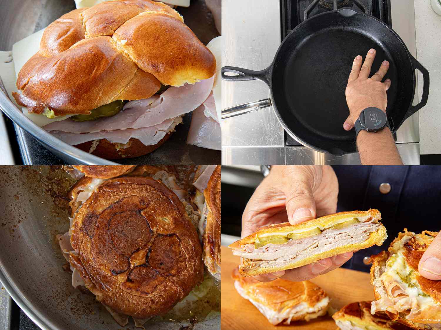 Four image collage of sandwich in skillet, pressing down with a cast iron pan, flattened sandwich in pan and cut sandwich