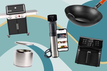 a grill, a firepit, a sous vide machine, a wok, and an air fryer against a colorful background