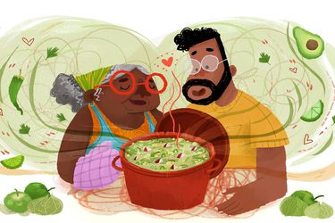 Illustration of two people smelling a pot of pozole verde