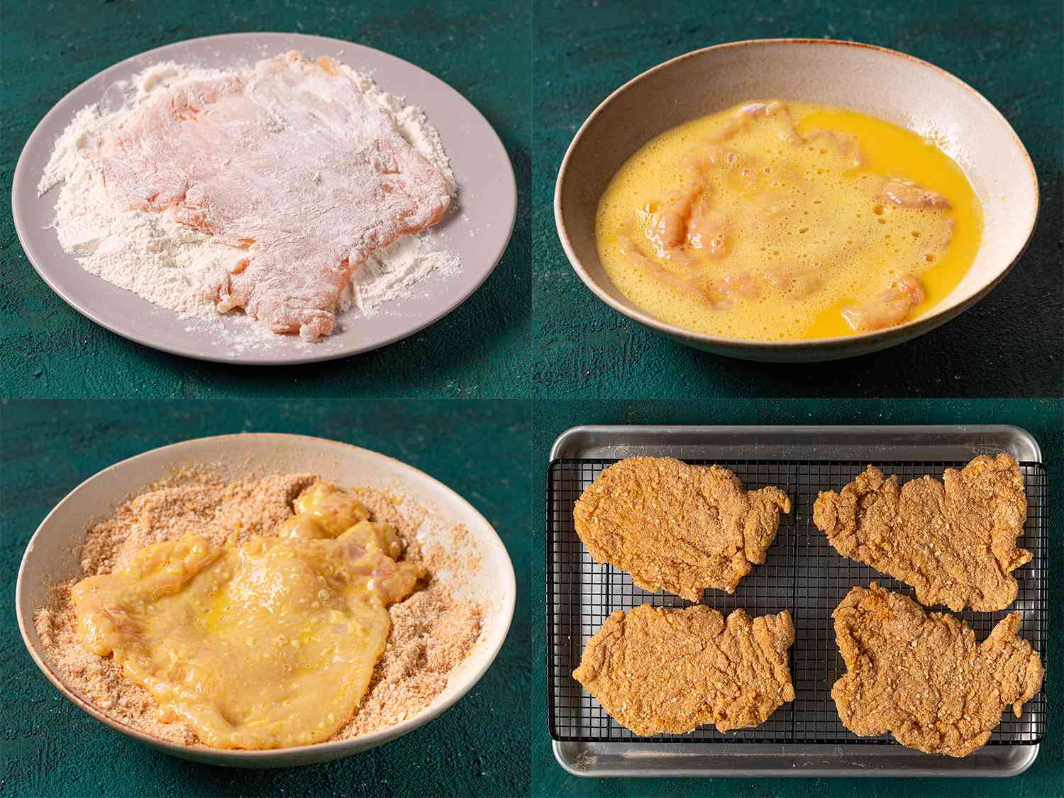 这是一幅水平的四幅拼贴画，展示了给鸡肉做面包的步骤。左上角的照片显示捣好的鸡柳在面粉中疏通。右上方的图片显示，疏通的鸡柳被浸在一个浅碗里打好的鸡蛋里。左下角的图片显示的是一个涂有鸡蛋和疏浚的肉排，放在一碗细面包屑的浅碗里。右下方的图片展示了四块鸡柳，它们被挖泥，浸在鸡蛋里，然后沾上面包屑，放在四分之一平底锅里的铁架上。