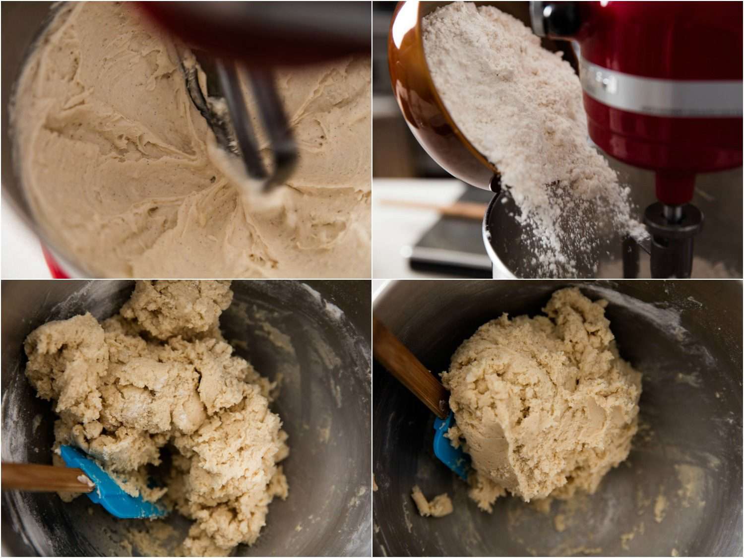 在饼干面团中加入面粉，搅拌成一个光滑的球