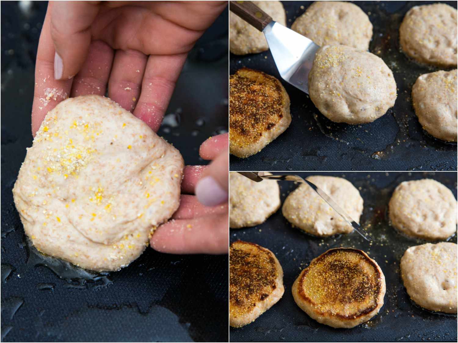 照片拼贴显示烹饪自制的英式松饼在一个电煎锅在黄油。gydF4y2Ba