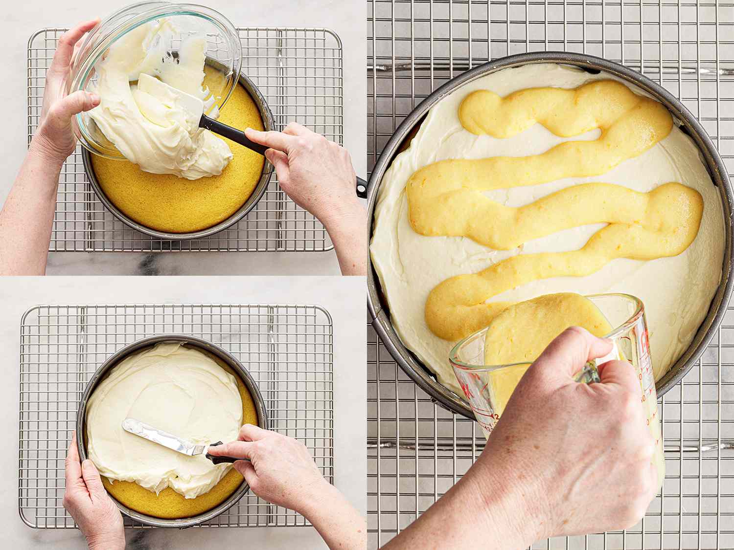 Three image collage of adding cream mixture and spreading it with an offset spatula then adding another layer of batter