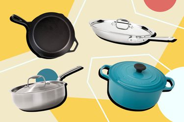 four pots and pans on a colorful background