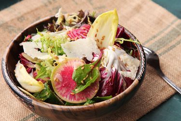 Winter Greens Salad With Flax Seeds, Shaved Beets, and Radishes