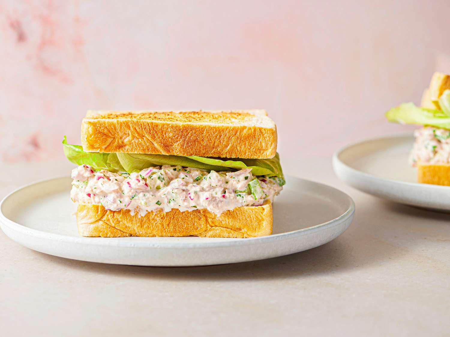Tuna salad sandwich served on a plate