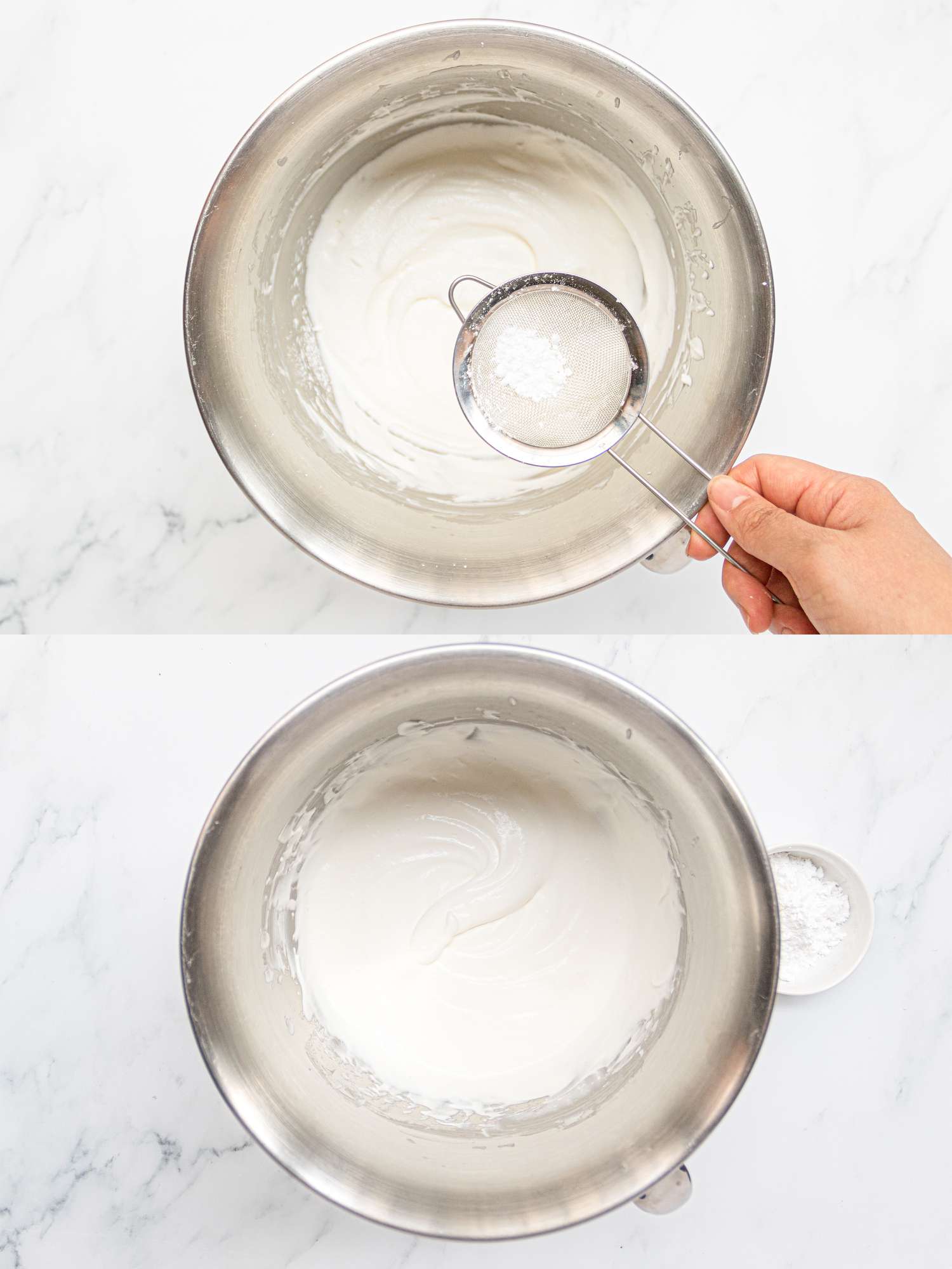 Two image collage of shifting sugar into whipped cream