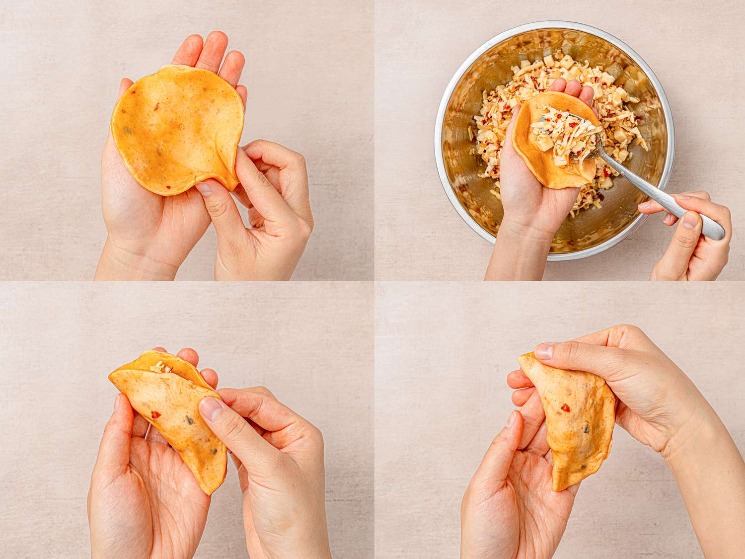Four image collage showing how to cup dough disc in hand, fill with cheese-potato-onion mixture, and pinching closed into a half moon shape