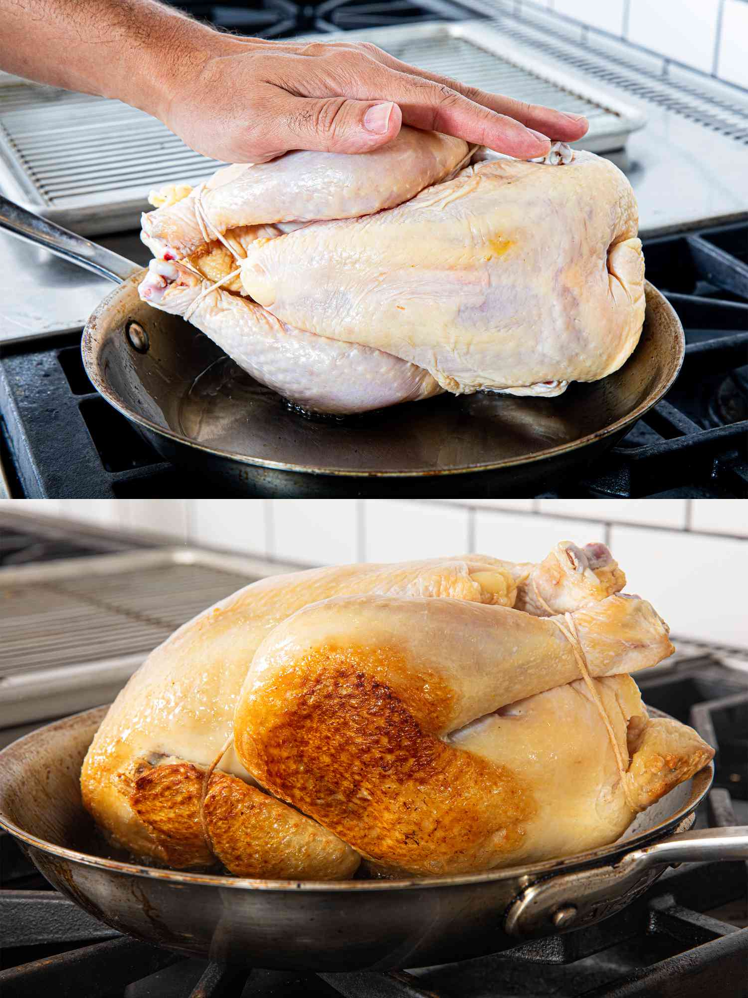 Two images of browning skin of chicken in a pan