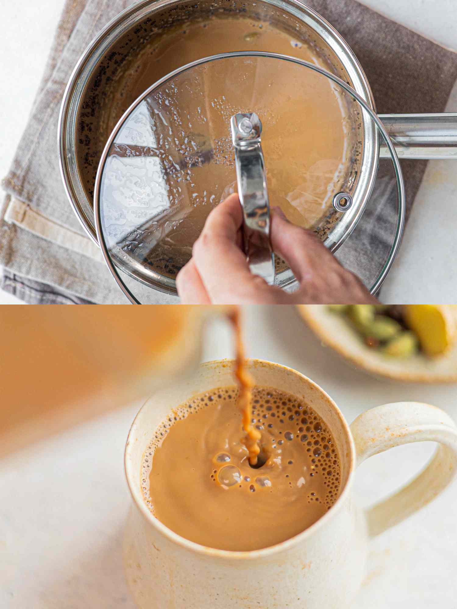 Two image collage of covering pot with lid and pouring chai into cup