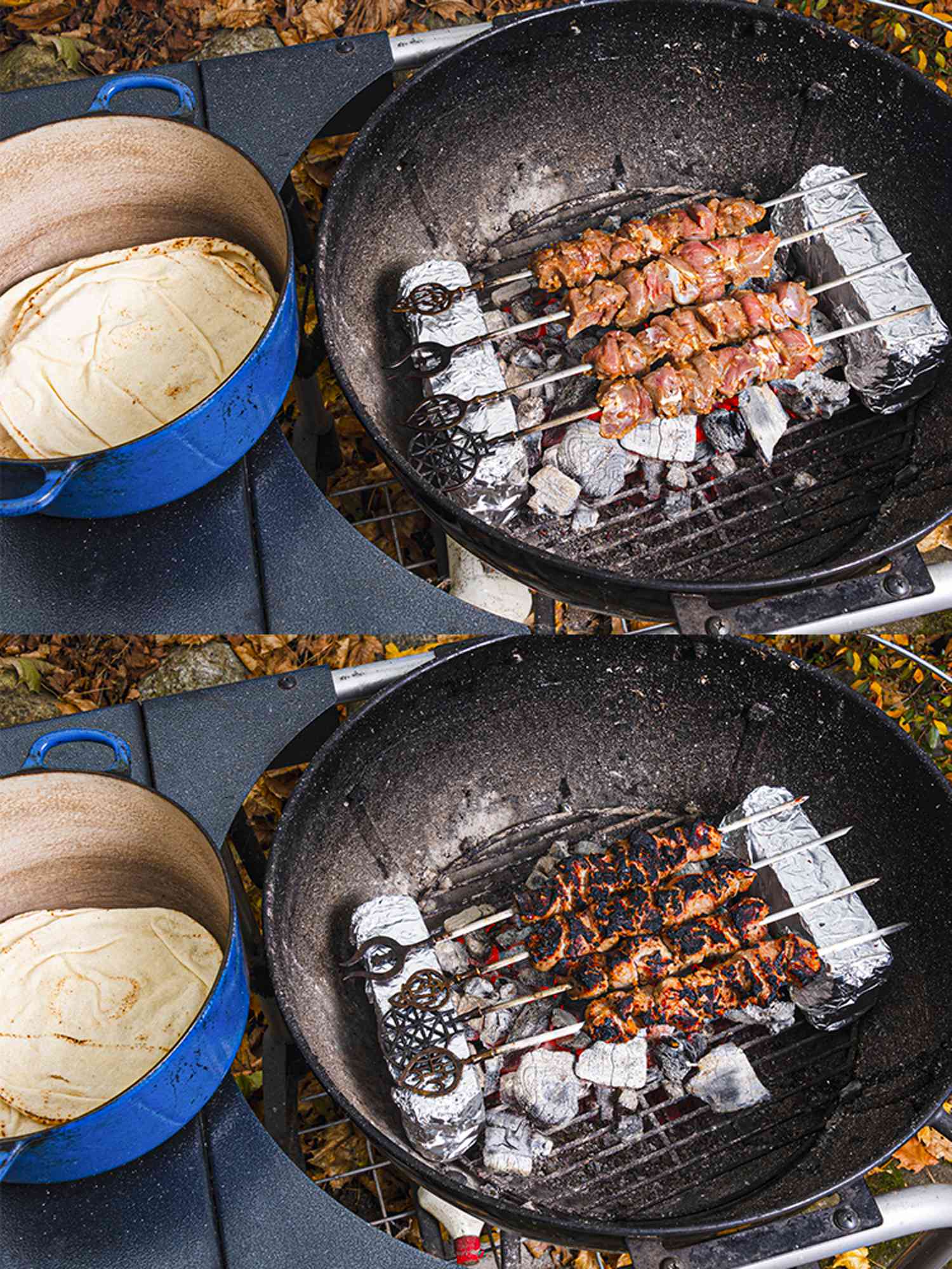 Two Image collage of skewers before and after cooking on the charcoal grill