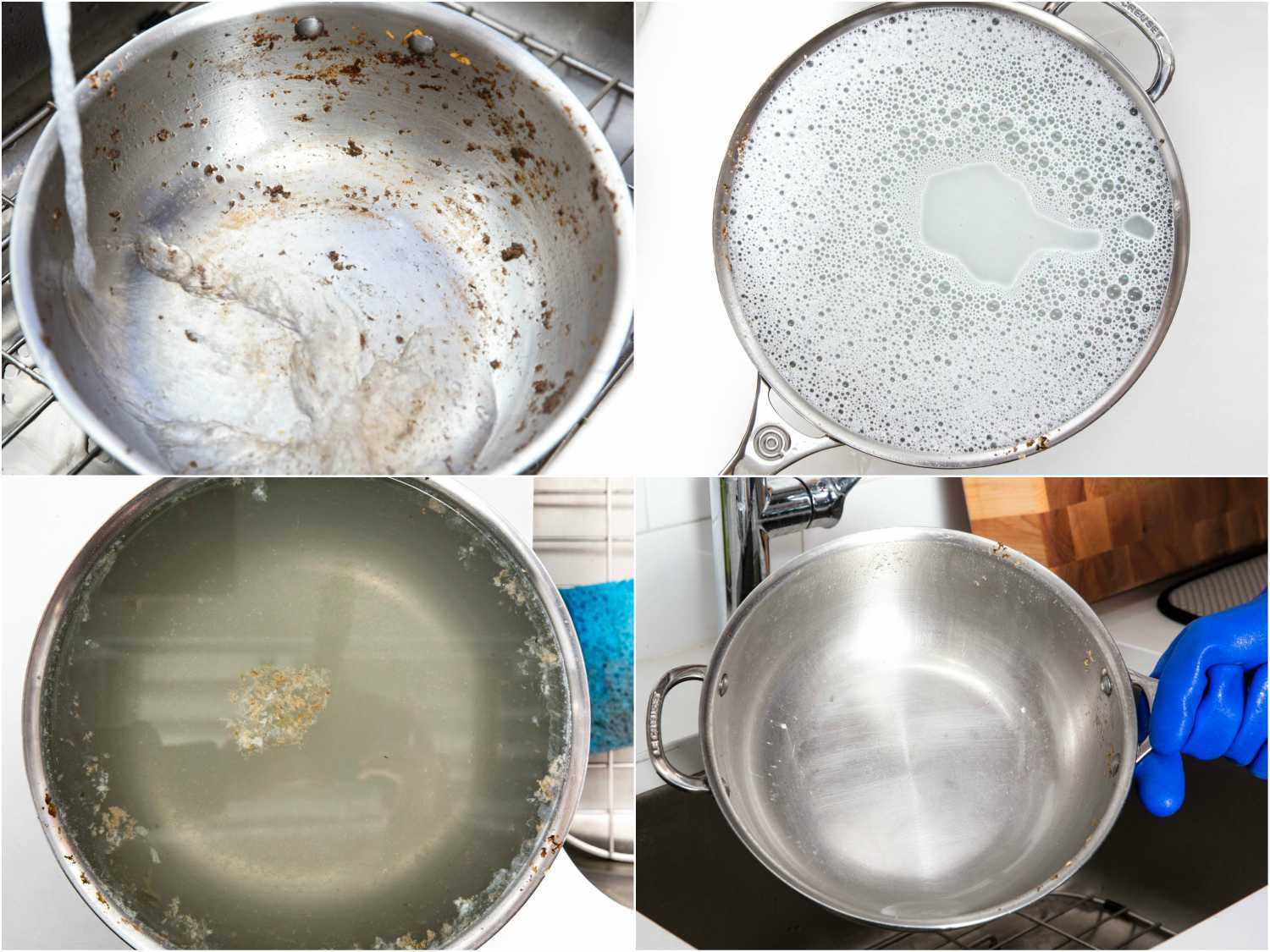 拼贴画展示了浸泡不锈钢锅的各个阶段:往脏锅里装满水，往水里加肥皂，水上面浮着食物碎片，洗干净锅