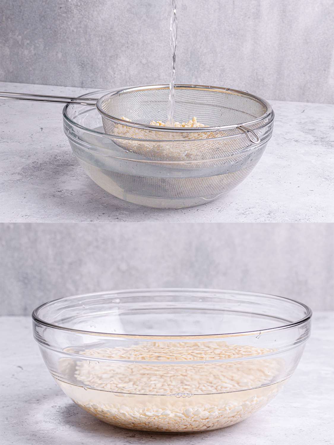 Two image collage. Top: Clean water being pour over the peas in a mess stainer. Bottom: peas in clear water in a clear bowl.