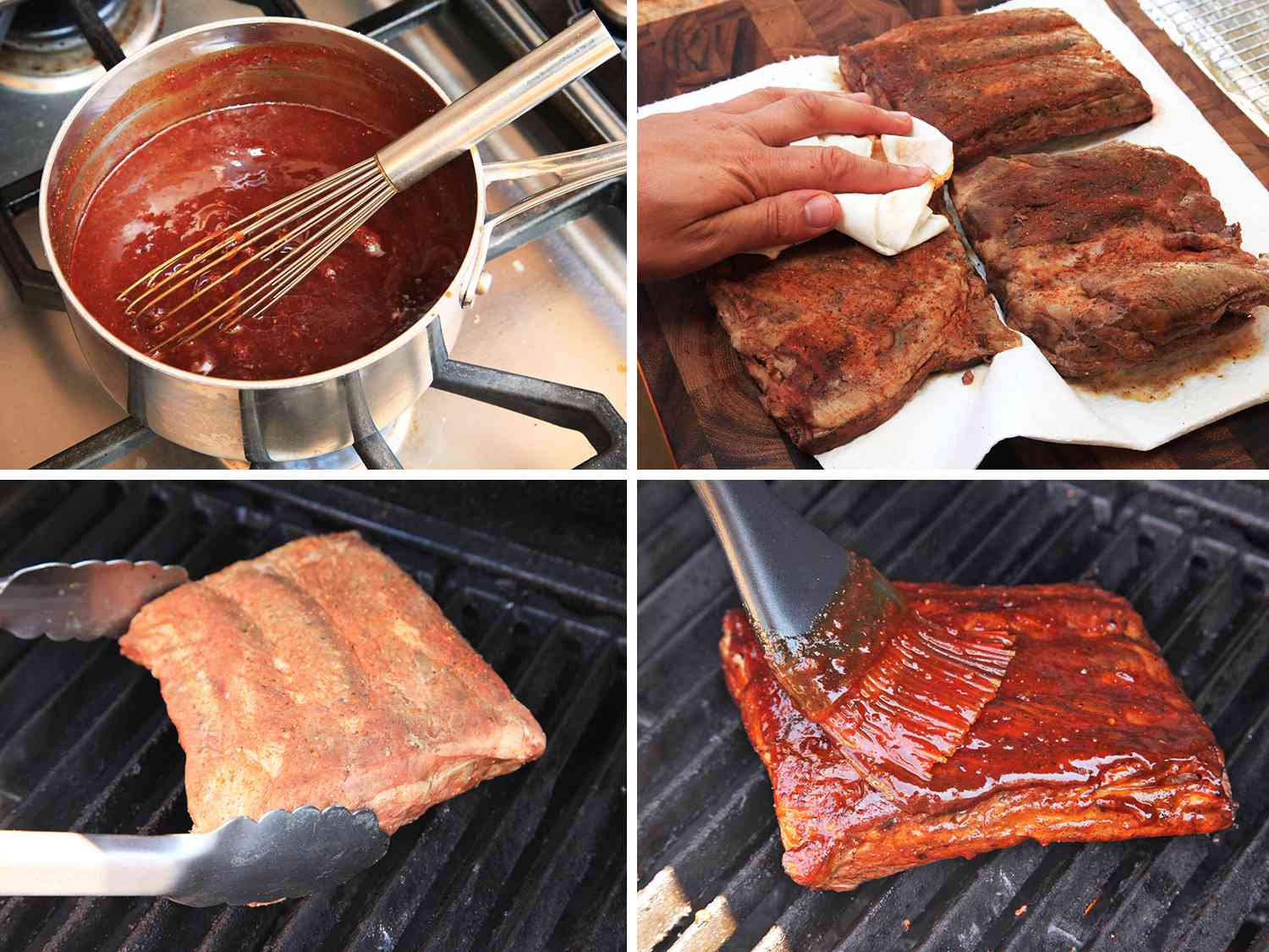 Collage of finishing sous vide pork ribs with a sauce: whisking barbecue sauce on stovetop, patting cooked racks of ribs dry, browning ribs over a grill, brushing on barbecue sauce