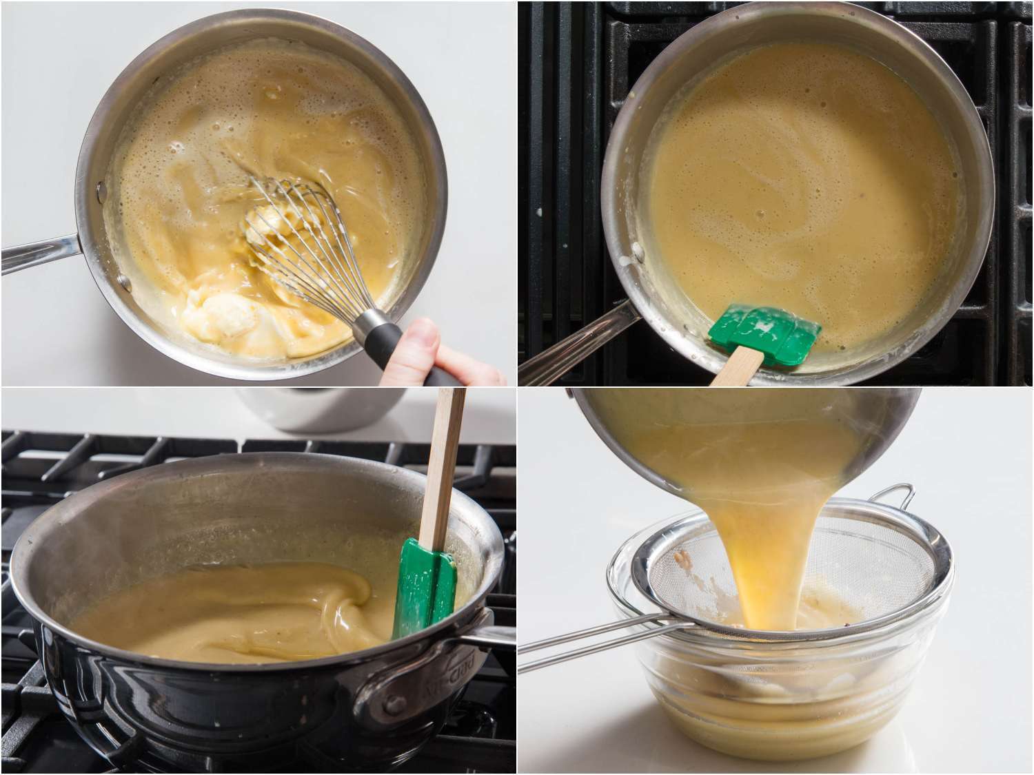 拼贴画展示了将马斯卡彭干酪搅拌到榛子蛋奶沙司混合物中的步骤;不断搅拌和刮冰淇淋底，同时使混合物达到热气腾腾的温度;把榛子马斯卡彭蛋奶沙司倒入碗中。