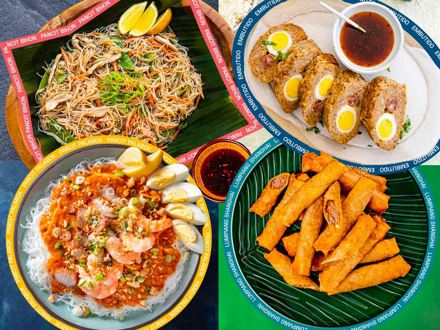 菲律宾节日菜肴的拼贴，每道菜的名字都有图形叠加