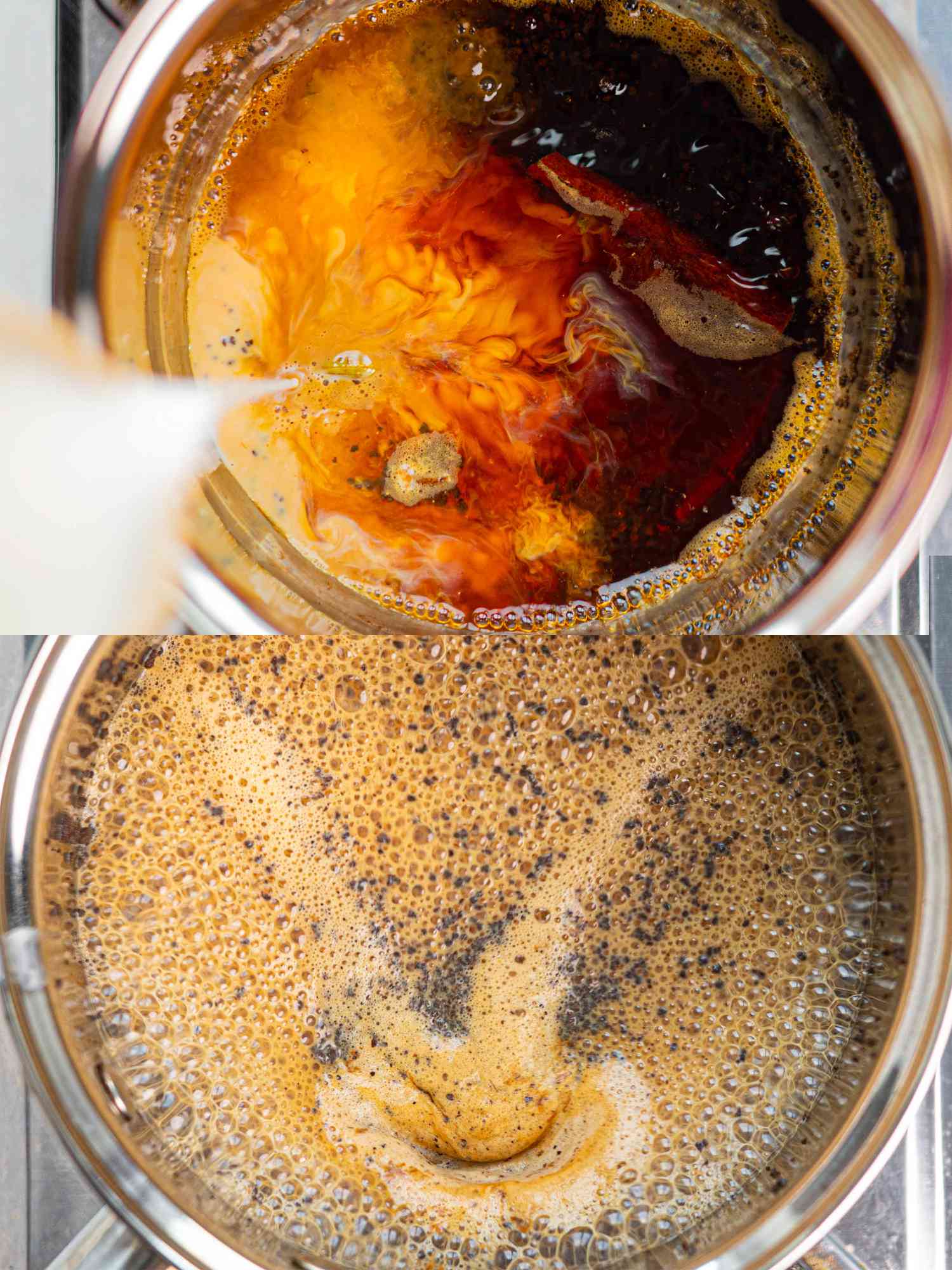 Two image collage of pouring milk and boiling chai